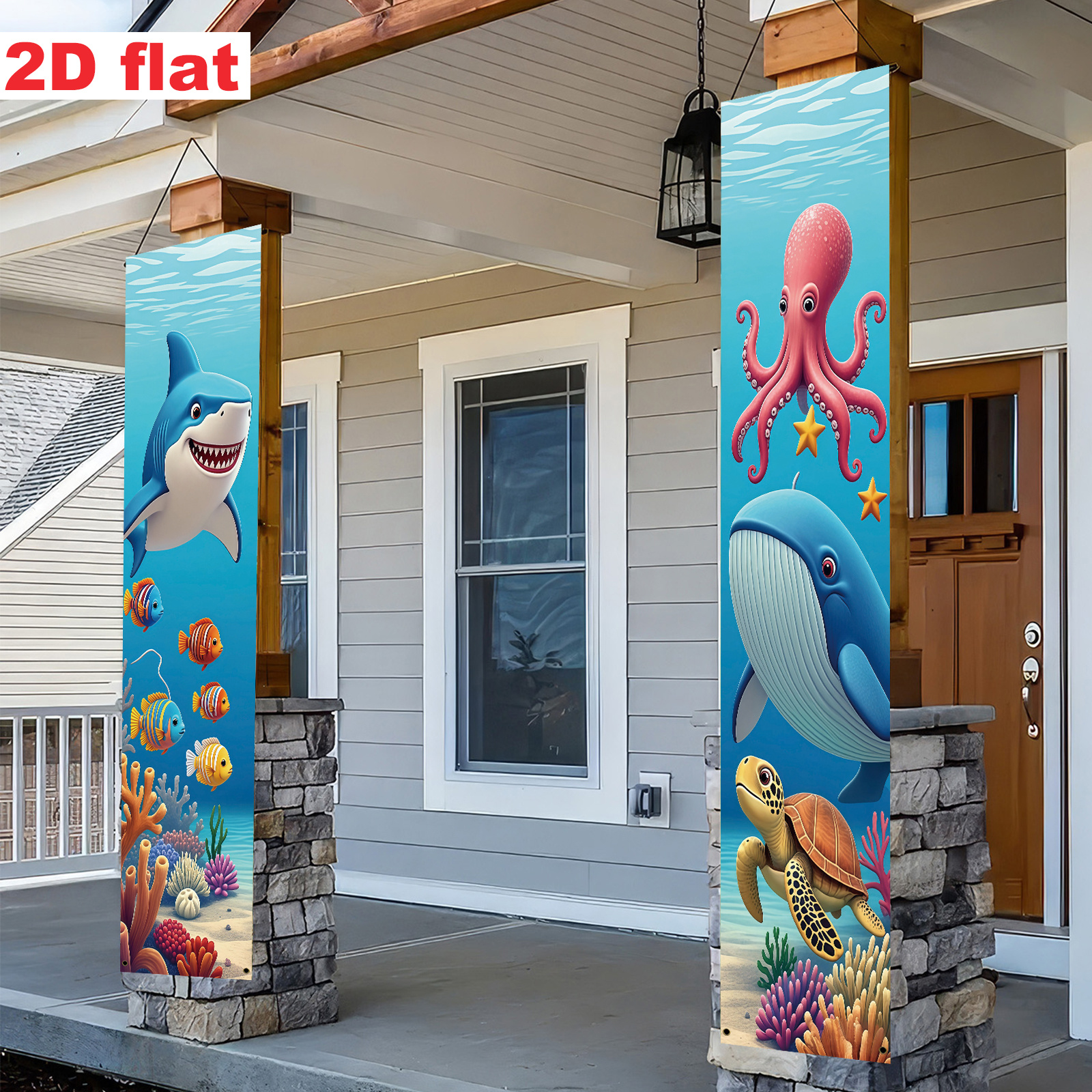 TEMU 2d Flat, 2d Flat Banner. 2pcs Set. Themed Couplet. Designed With Marine Creatures And Underwater Plants.full Of Fun., 2d Flat