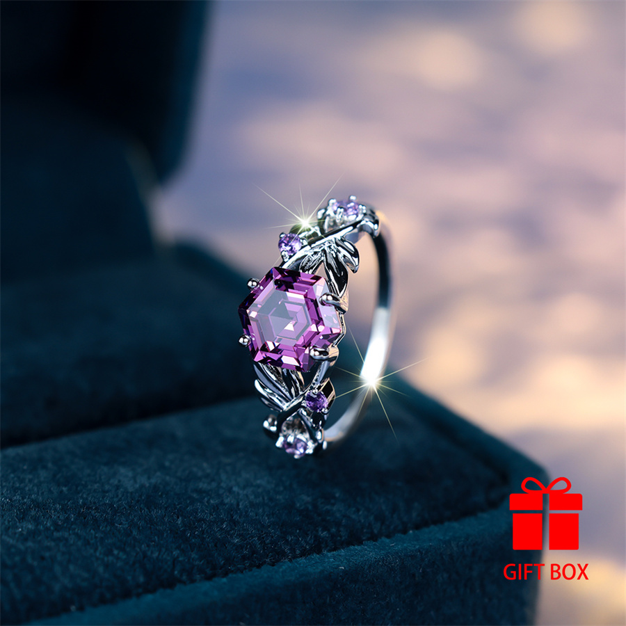 Hexagonal Purple Cubic Zirconia Ring, Durable & Sparkling