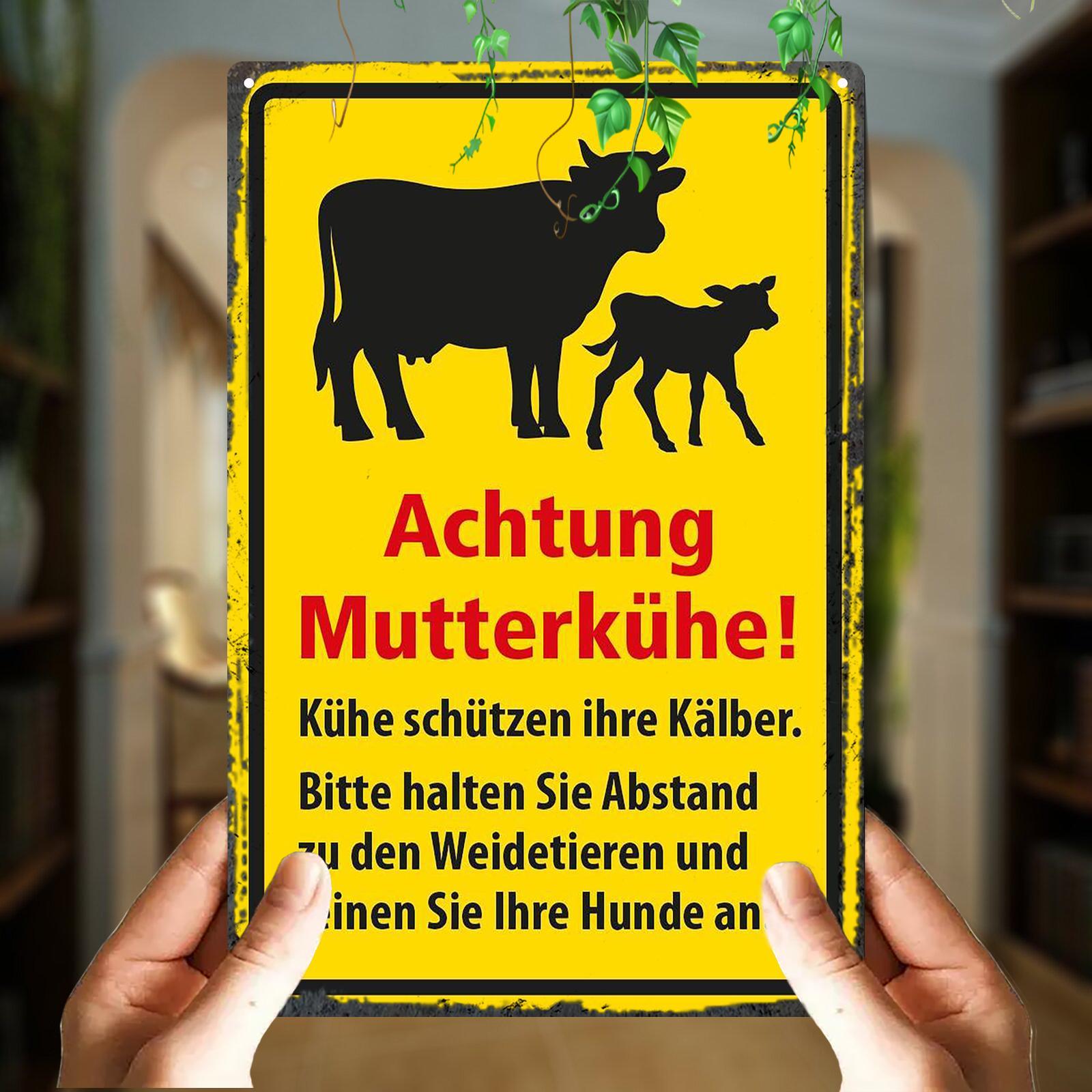 TEMU 2d Flat, 1pc Aluminum 2d Flat German Sign - Beware Of Mother Cows Protecting Calves, Keep Distance & Leash Dogs Warning Sign, 20x30cm/8x12in,