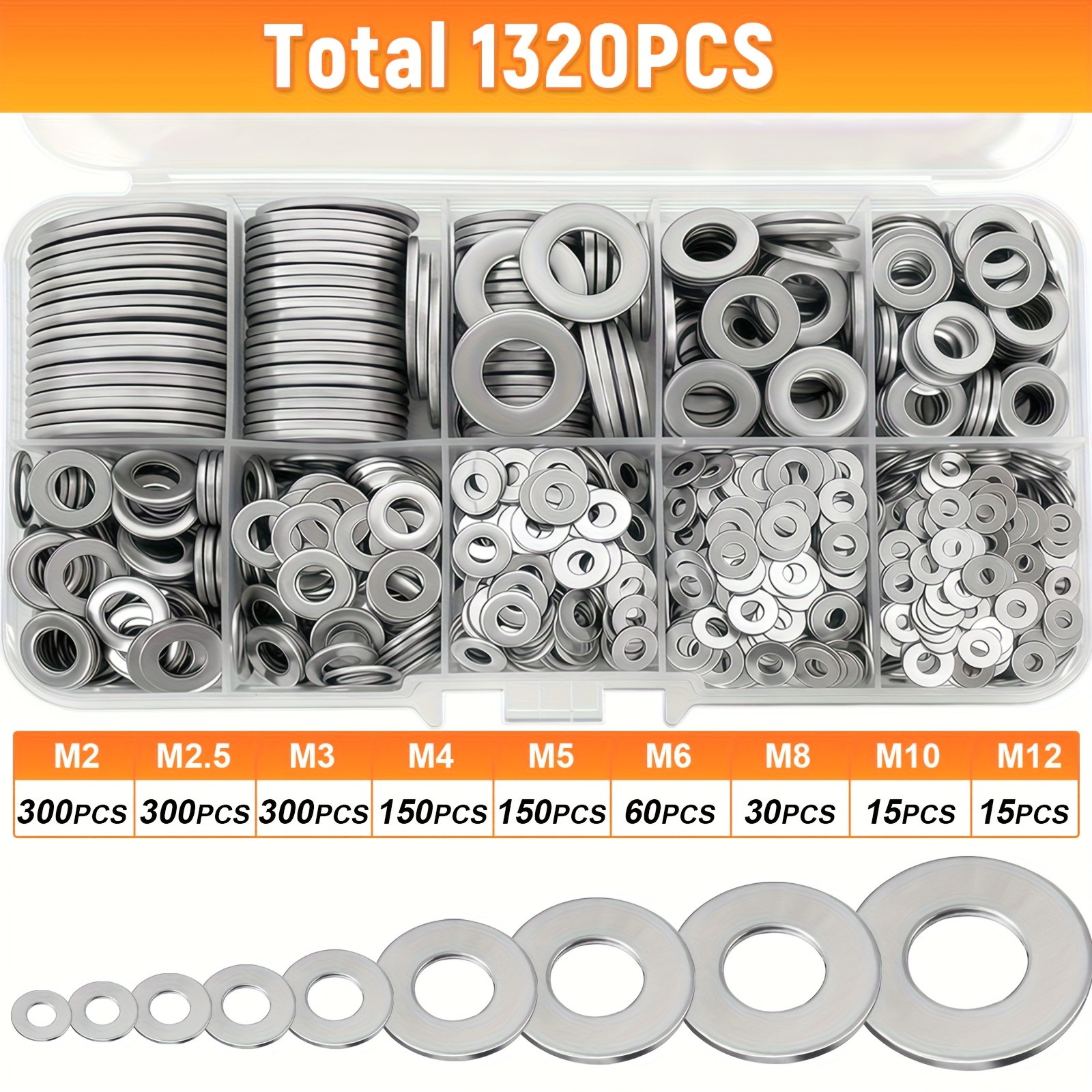 TEMU A Set Of 1320pcs Of 304 Stainless Steel Flat Washers, Made From Durable Material With A Polished Surface. This O-ring Fastener Washer Set Comes