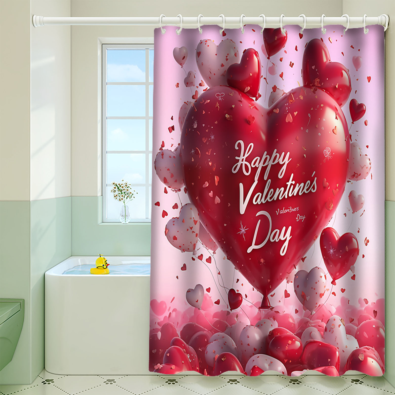 

1pc 's Day Heart Balloons Shower Curtain - Waterproof Polyester, Blackout Rod , Machine Washable With Hooks Included - Home & Bathroom Decor