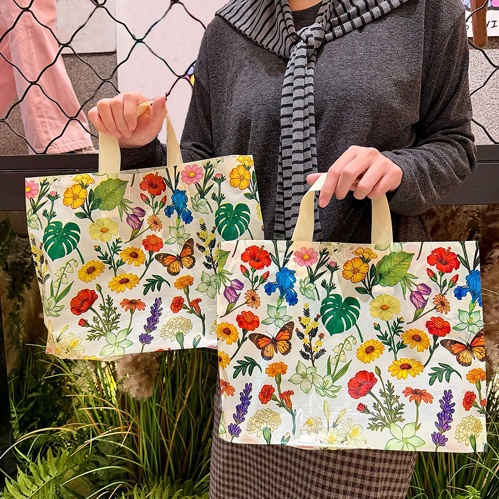 TEMU Gift For Her/him 12pcs Artistic Floral Print Tote Bag, Reusable Large Capacity Shopping Handbag With Butterflies, Lightweight Foldable Shopping