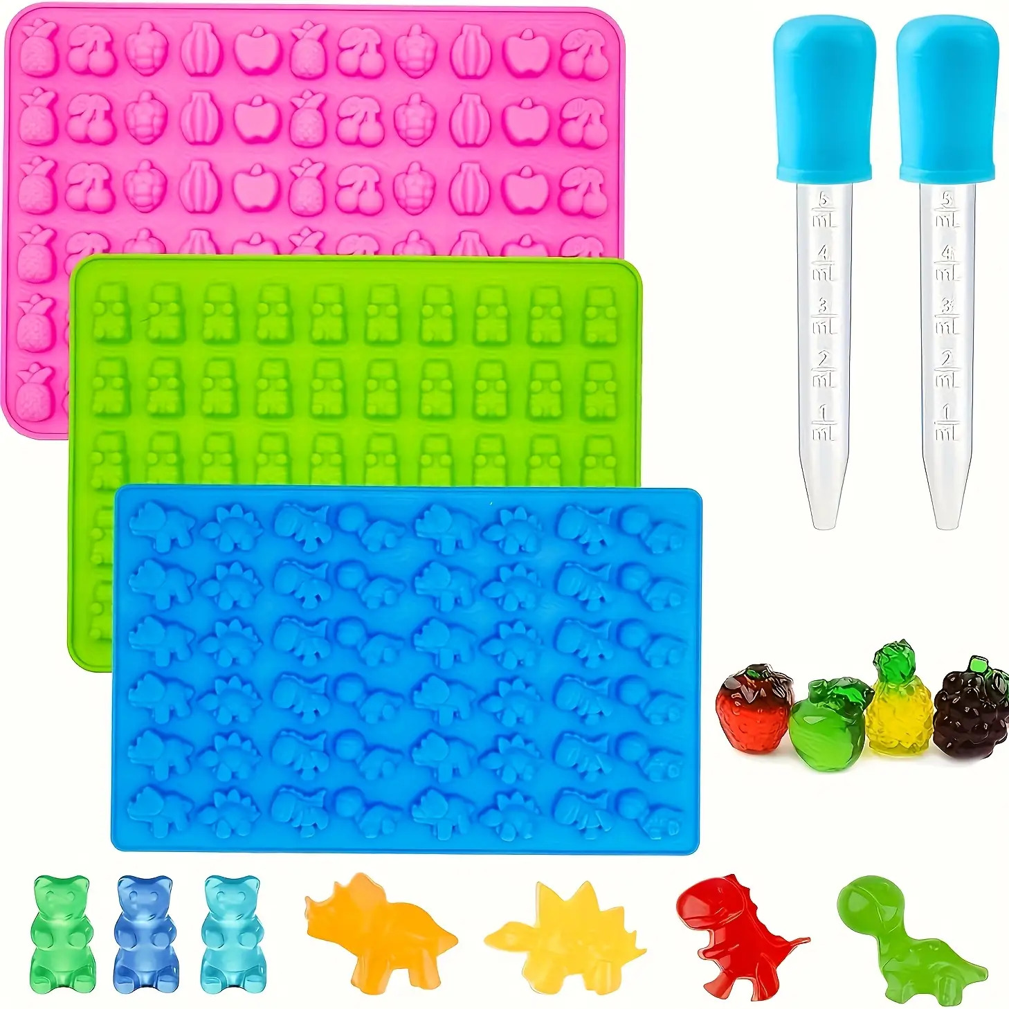 3pcs Silicone Baking Mold 2 Droppers - Mini Bear, Dinosaur, And Fruit Snack Molds Suitable For Candy, Chocolate, And - Oven Safe And Easy To Clean - Perfect For Parties And Holiday Parties.