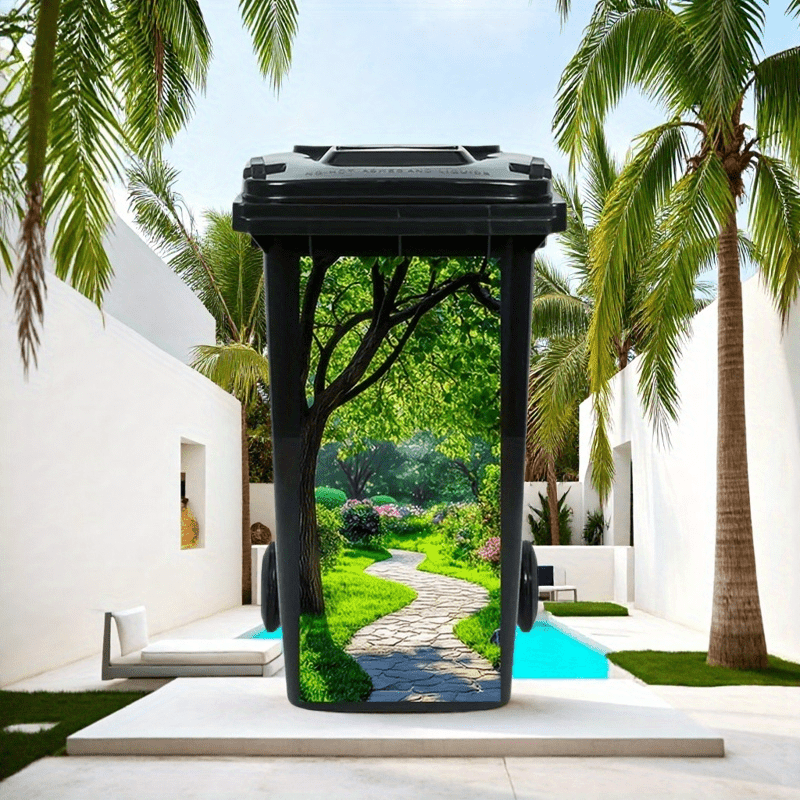 Image of 1pc Waterproof Forest Plant Trash Can Sticker- Self-adhesive Pvc Decal For Kitchen, Bathroom, And Outdoor Use, Removable Wall Mural, Green Plant Design Modern Home Decor, Bathroom Waterproof Sticker