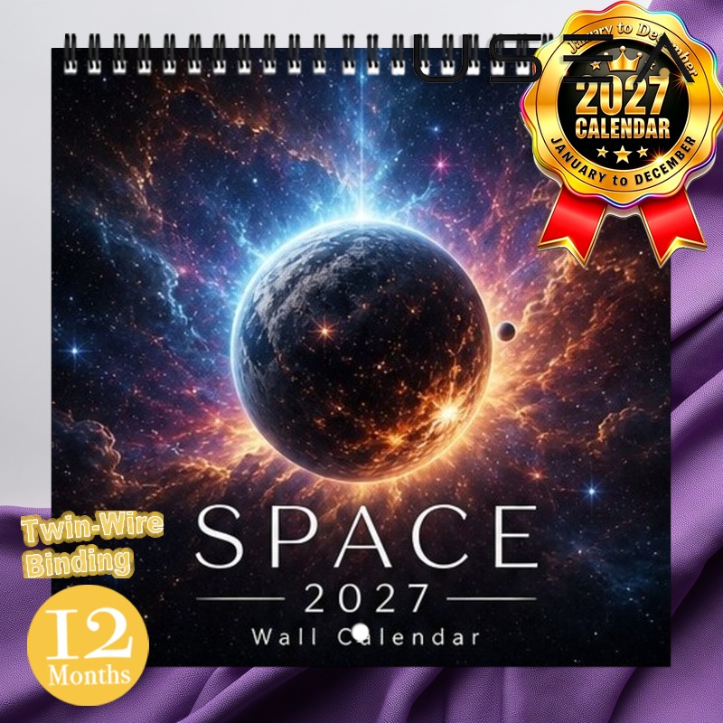 TEMU 2027 Wall Calendar,1pc 2027 Wall Calendar, 12 Month Yearly Organizer, Space Themed Hanging Calendar With Twin Wire Spiral Binding, 8.3x8.3 Inch