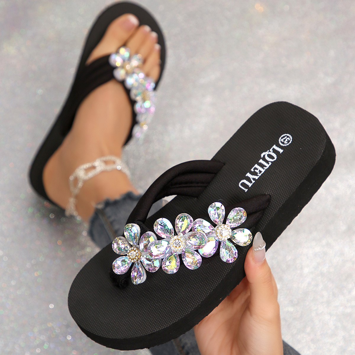 TEMU Women's Summer Rhinestone Floral Decorated Slip-on Flip Flops, Fashionable, Elegant, And Lightweight Flat Sandals, Suitable For Outdoor ,