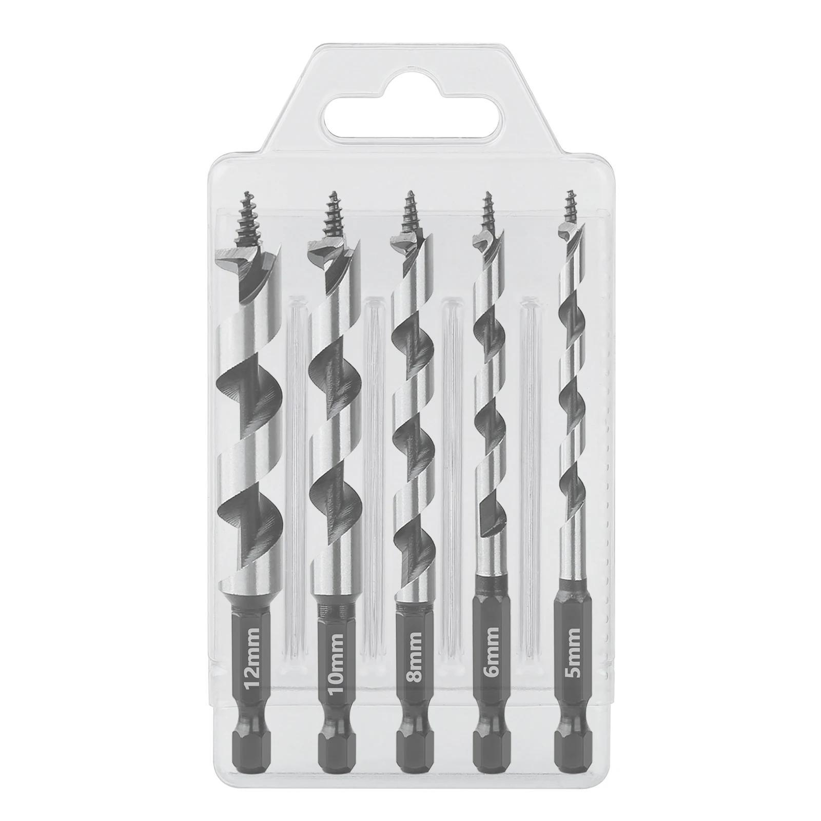 5pcs 5/6/8/10/12mm Woodworking Ship Auger Drill Bits 1/4'' Hex Quick Change Shank Hcs For Wood