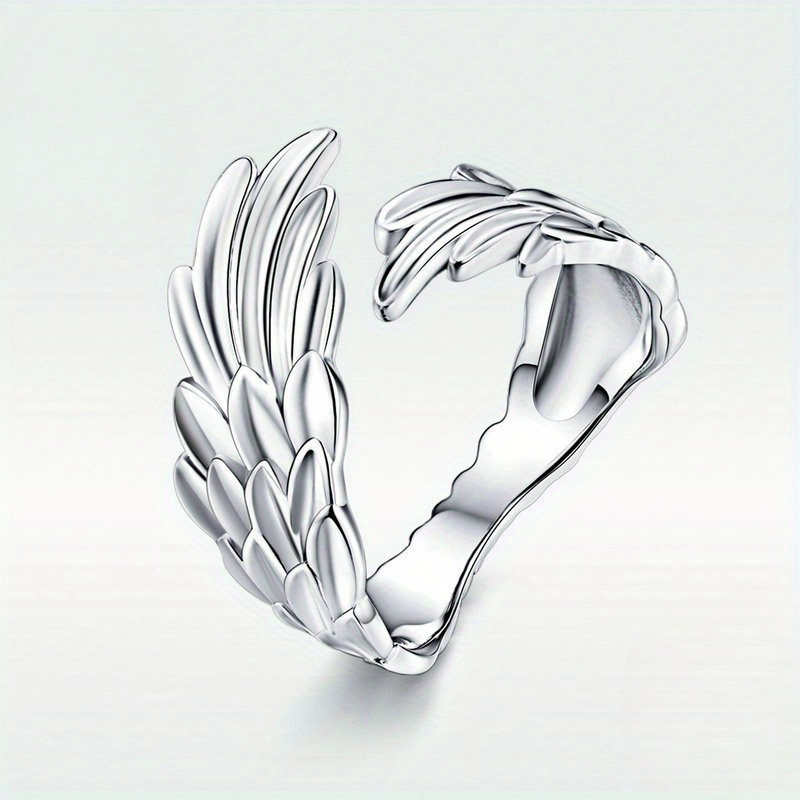 S925 925 Silvery Feather Wing Ring Open Adjustable Ring, Suitable For Daily Party Wear Or Valentine's Day Gift For Couples