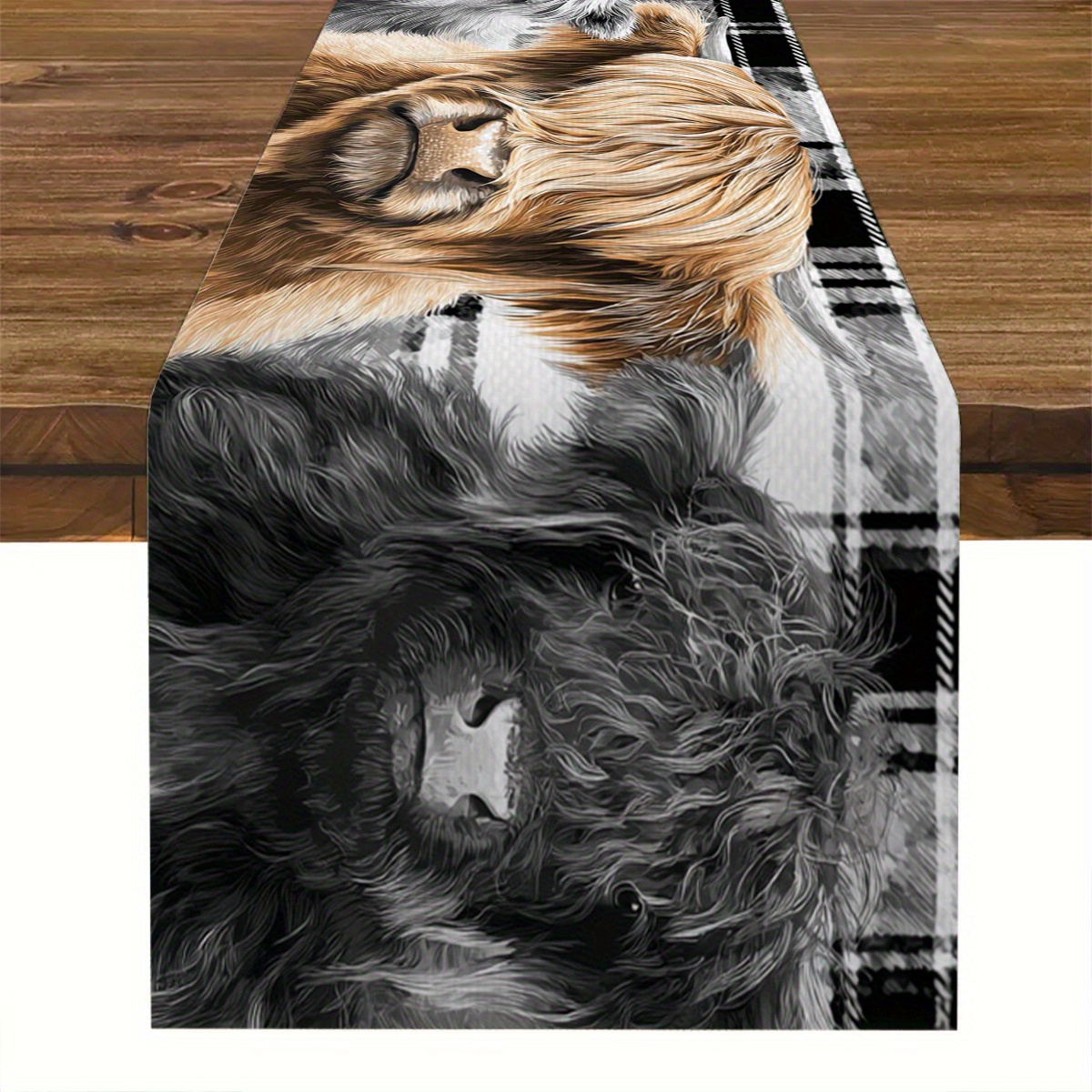 TEMU 1pc Highland Cow Table Runner, Realistic Style With Warm Brown Tone, , Design, Soft And Lightweight, Easy To Clean, Kitchen Or Dining Room Decor