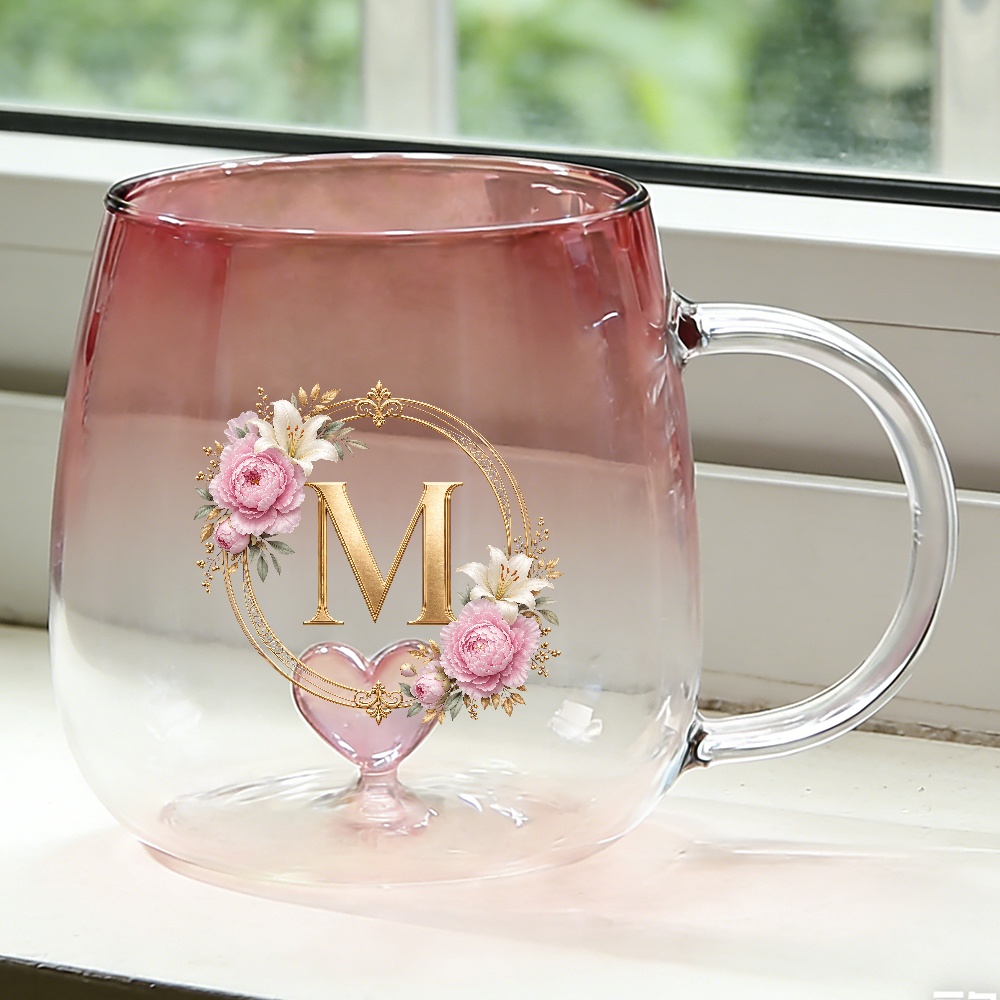 TEMU Mugs, Coffee Cups Pink Floral Glass Mug, Elegant Heart Gradient Glass Cup With Handle, Cute Personalized Aesthetic, Birthday Gift For Women,