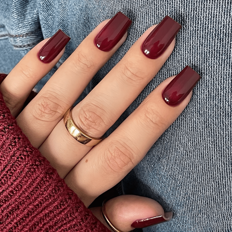 TEMU 48pcs Medium Solid Color Nail Press Square Fake Nail Wine Red Fake Nail French Adhesive Nail Acrylic Full Set Nail Press In Style Women's Gift