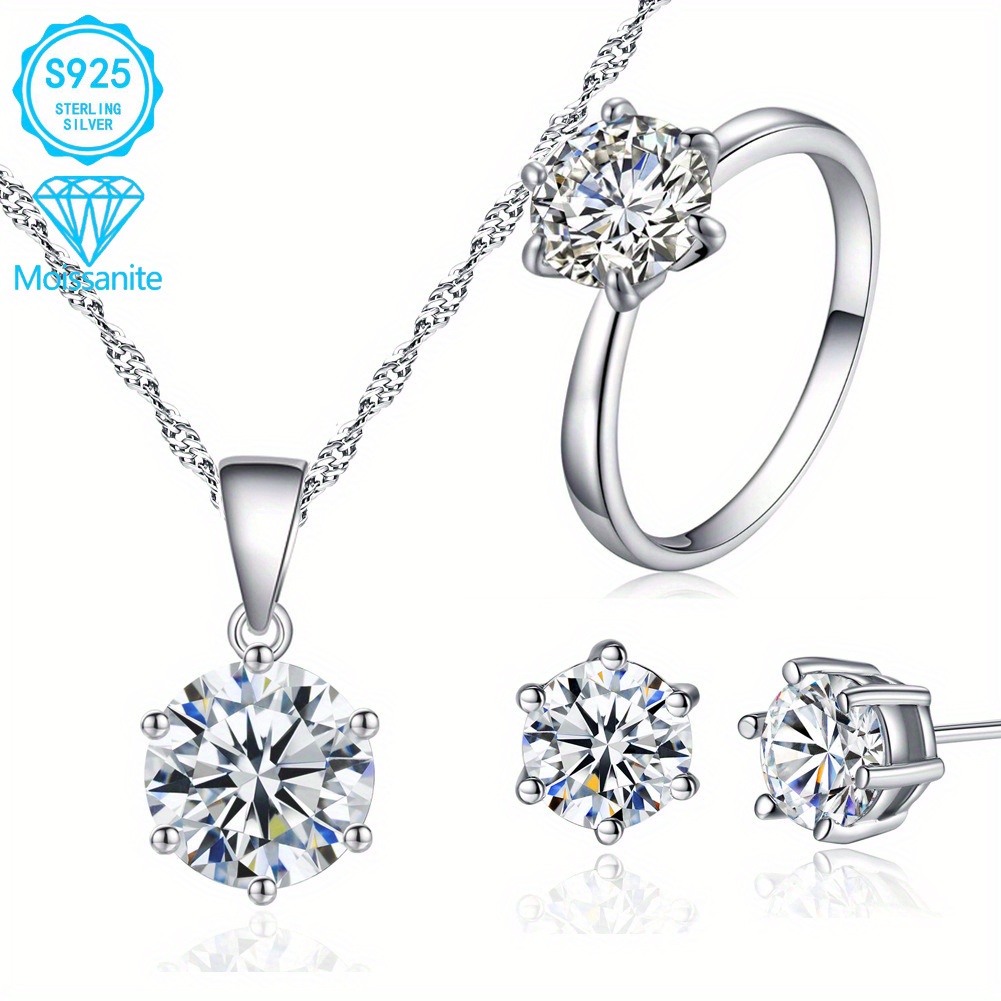 TEMU Ejg - Three-piece, 925 Silver 2 Carat Moissanite Six-claw Women's Jewelry Set, Hypoallergenic, Nickel Free, Great For Wedding Parties And Daily