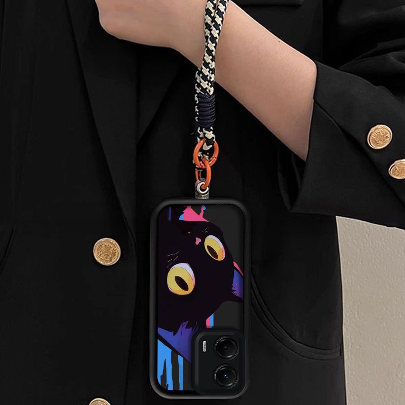 phone case cute little black cat lanyard phone cases sutible for moto g35 sutible for   men and women high quality tpu cute soft hanging rope anti fall protective case   phone case accessories