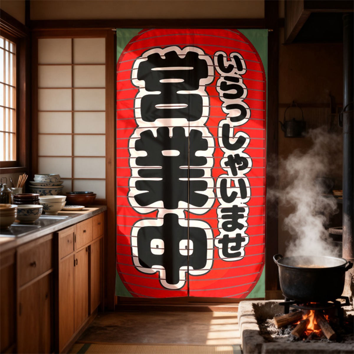 TEMU 日本のノレンドアカーテン - 大胆な白黒漢字デザイン、伝統的な赤と白の日本の蒸気シーン、軽量生地でレ入口やキッチンに最適、簡単取り付けの日本語サイン（英語なし）