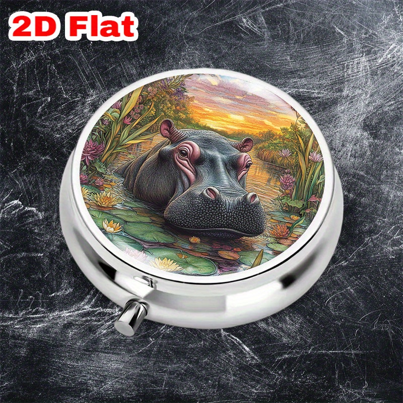 TEMU 1pc Portable -compartment Metal Medicine Box With Detailed Hippopotamus Illustration - Black, Ideal For Organizing Medications During Travel &