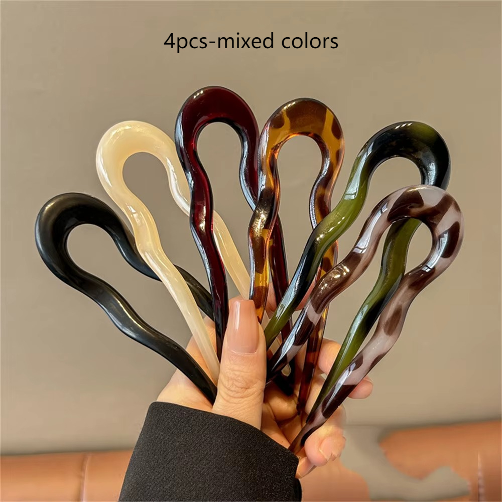 Image of 4pcs U-shaped Hair Fork Fashion Tortoiseshell Acetate Acrylic Hairpin Geometric Headwear Hair Sticks Women Hair Additions