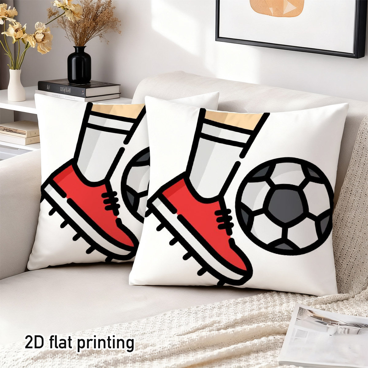 2d flat 2pcs cartoon football player and ball cushion covers 2026 football theme double prints dynamic soccer action for game room sofa sports fan bedroom football party decor for sports enthusiasts no insert included 2d flat