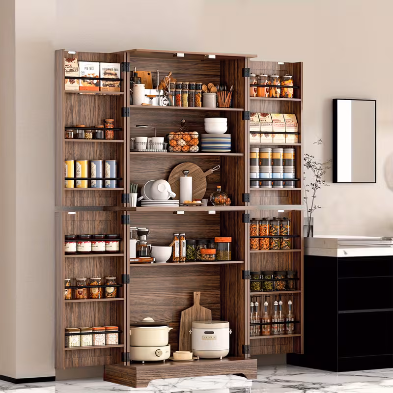 Farmhouse Tall Pantry Storage Cabinet - Freestanding Wood Cabinet with Adjustable Shelves, Brown