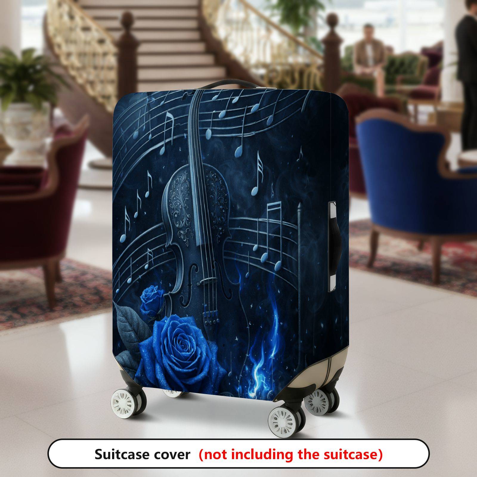 1pc musical violin suitcase cover with violin notes blue rose fits suitcases 50 8 71 12cm machine washable protector suitable for checked luggage travel baggage wrap for musicians business vacation