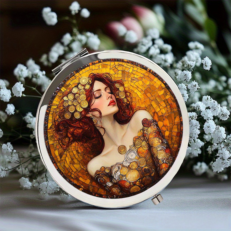 TEMU This Portable 2d Flat Handheld Folding Round Mirror, Showcasing An Elegant Woman Klimt, Is An Accessory . Its Allows For While A And Beautiful