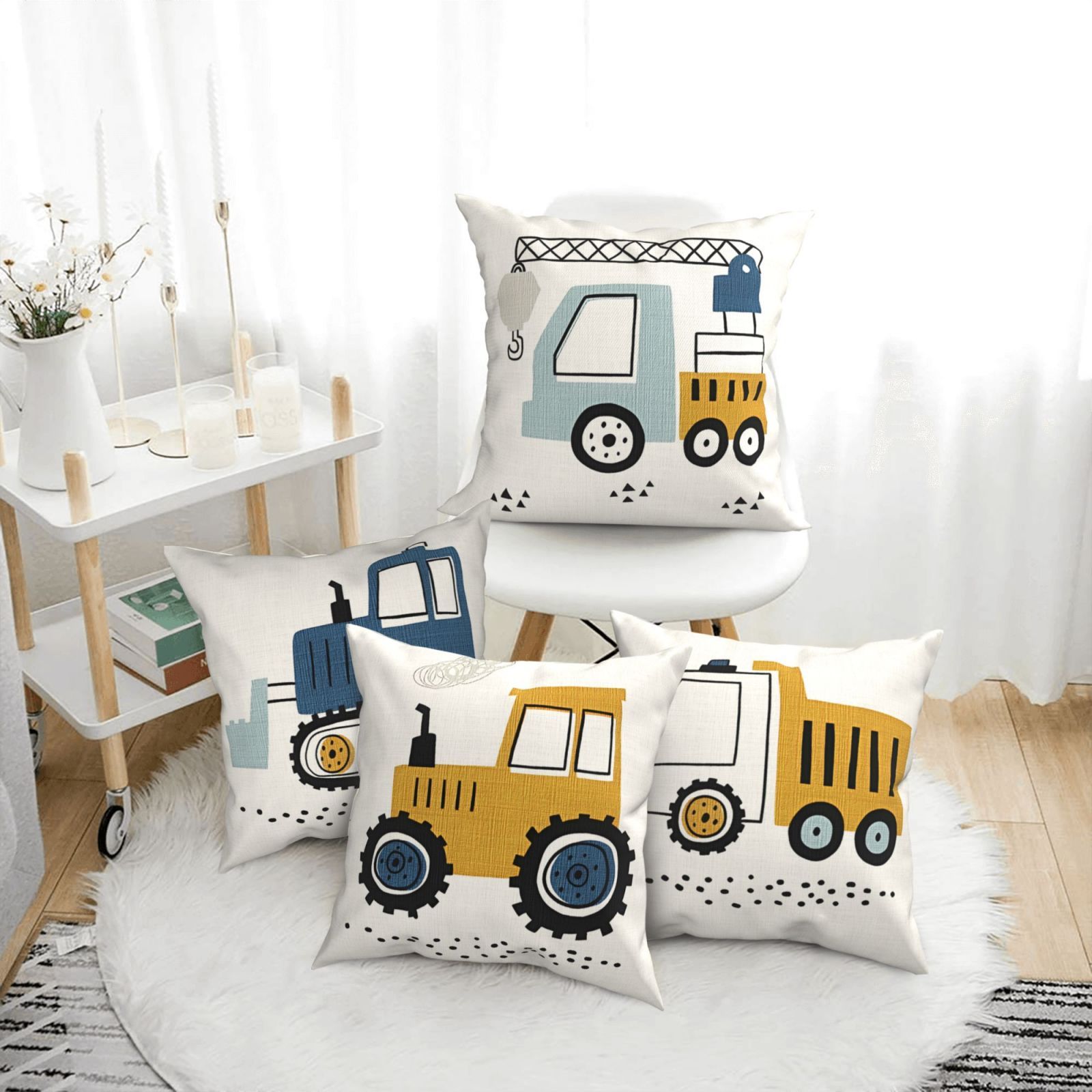 

4-pack Throw Pillow Covers Boys Decor, - Cartoon Construction Vehicle Pillowcases For Sofa, Couch, Bed, Living Room, And Bedroom - Zippered, 1 Sided Printing, Decor (no Insert)