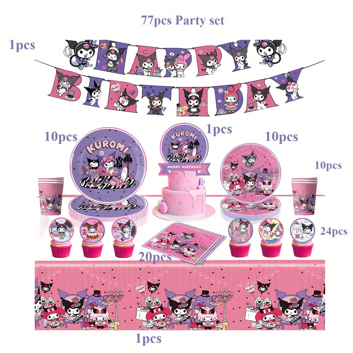 Image of [authorized ] 77pcs Anime Kuromi Theme Birthday Party Supplies Disposable Tableware, Paper Plates, Paper Cups, Tissue Tablecloths, Banners, Atmosphere Decoration