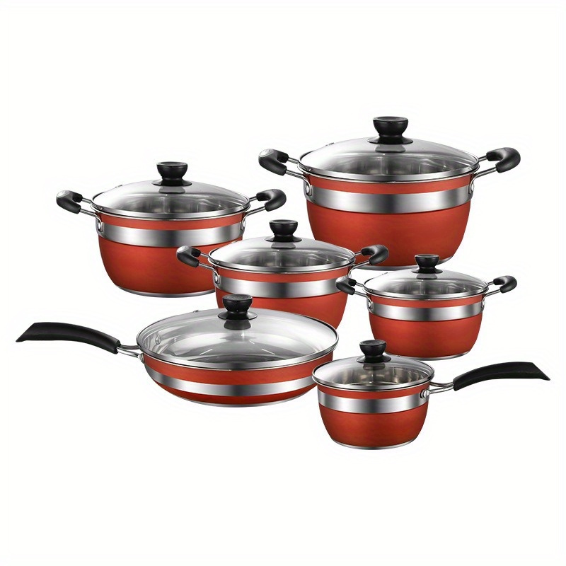 12 stainless steel combination pot orange red pot body including 4 pots 1 frying pan 1 milk pot and 6 lids thickened composite bottom anti burning ears suitable for family   and outdoor camping suitable for soup milk steak hot pot details 5