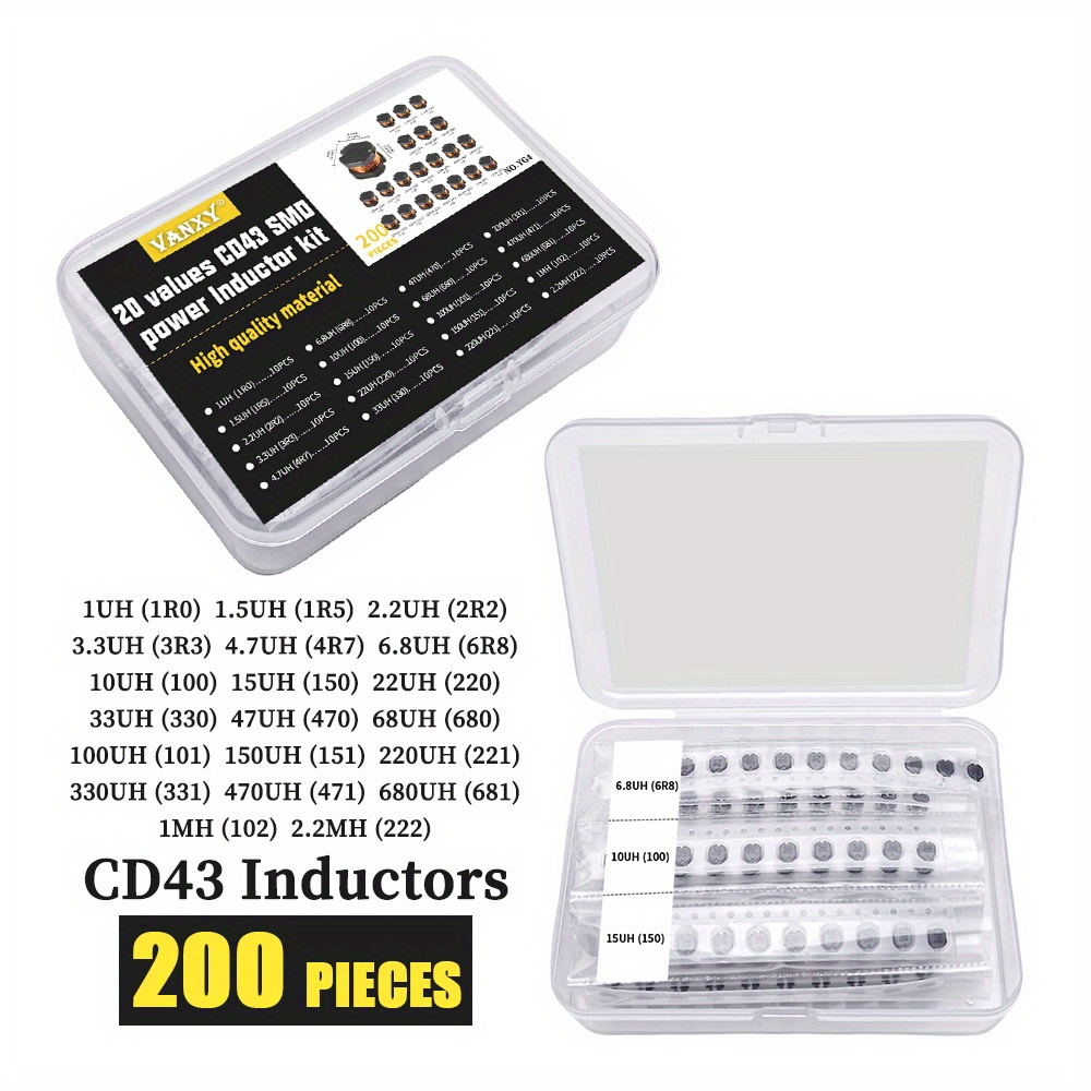 200pcs Vanxy Cd43 Inductor Kit - 28 Values From 1nh To 3300nh, High Quality & Durable, Ideal For Electronics Design & Experiments, Includes Clear Box With Easy Organization