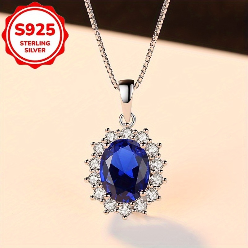 TEMU Collier avec breloque en argent S925 et pendentif rond bleu, chaîne longue ajustable incluse, parfait pour , les fêtes, les banquets et