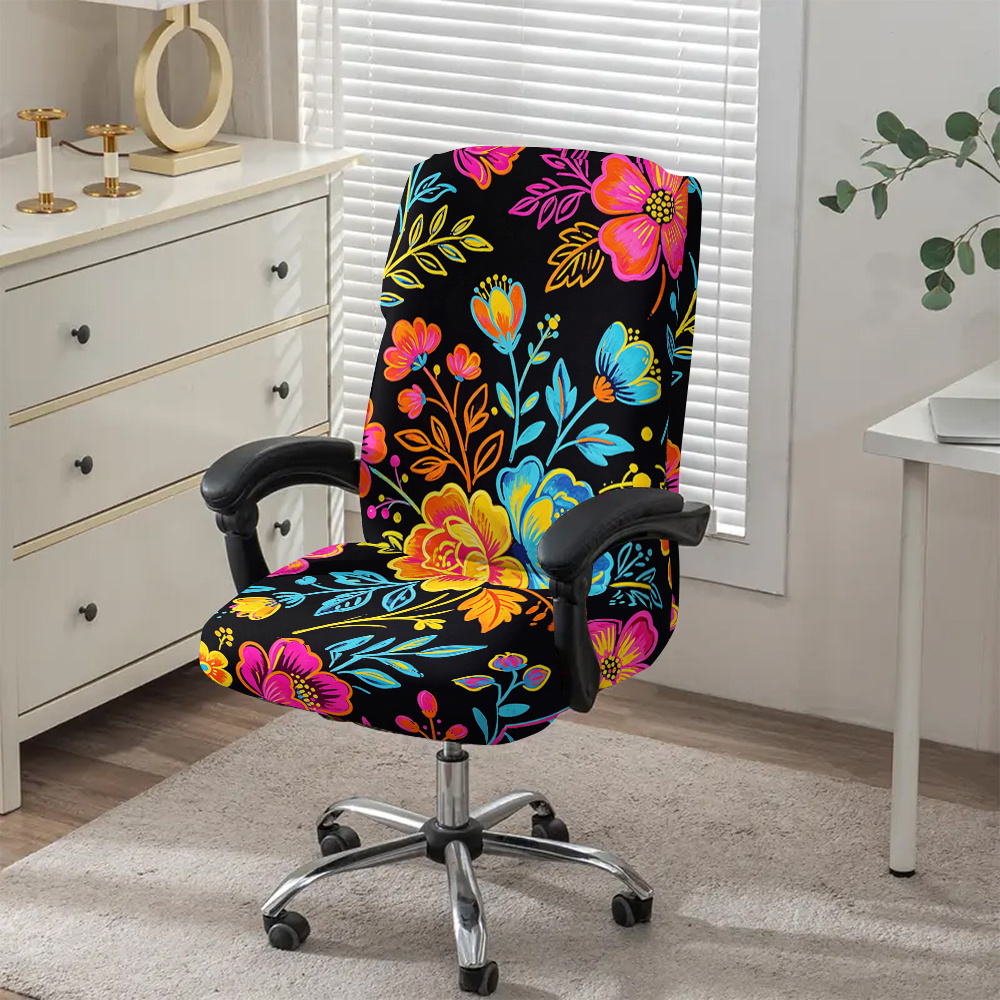 TEMU Housse de chaise de bureau pour ordinateur 1 pièce, motif de fleurs éclatantes, en tissu de fibre de lait avec élastique, amovible et lavable en