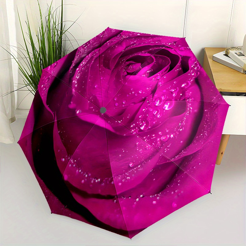 1pc Rose Petals Waterdrops Umbrella - 8-Rib Frame, Automatic Open Compact Travel Umbrella, Lightweight Durable Fashion Gift for Outdoor Use, Perfect for Halloween & Christmas accessories-C728045