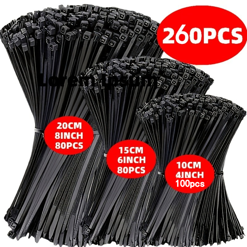 TEMU 260 Black Self-locking Nylon Cable Ties, Multiple Sizes 4/6/8 Inches, Uv-resistant, For Organizing And Securing Computer Data Cables, Suitable