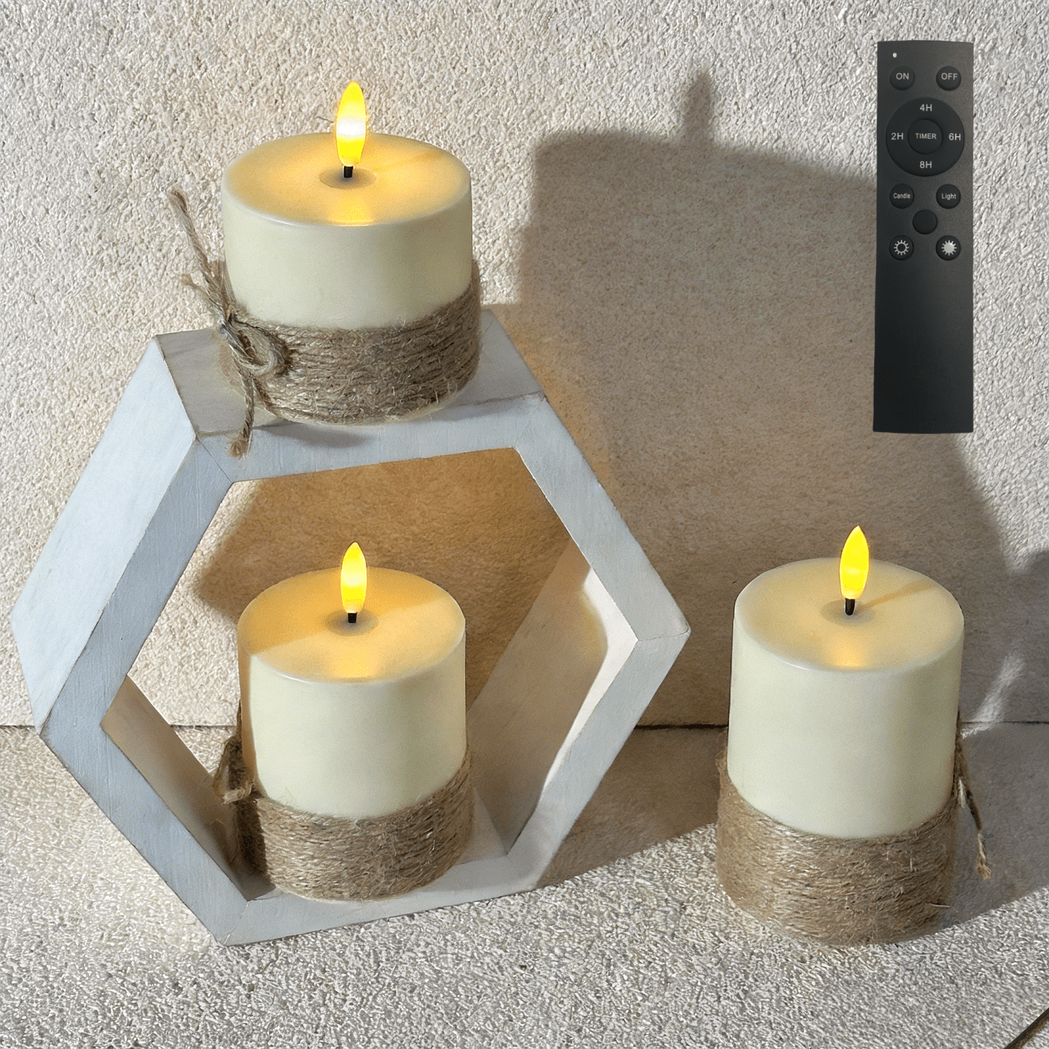 TEMU Ensemble de 3 bougies électroniques LED avec enveloppes en corde de - Inclut une télécommande (avec fonctions de minuterie et de de l'intensité)