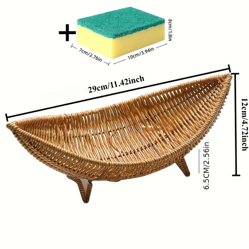 TEMU 2pcs Set, Practical Crescent-shaped Rattan Storage Basket And 1pc Sponge Brush, With Support Stand, Cosmetic Storage Basket, Multifunctional