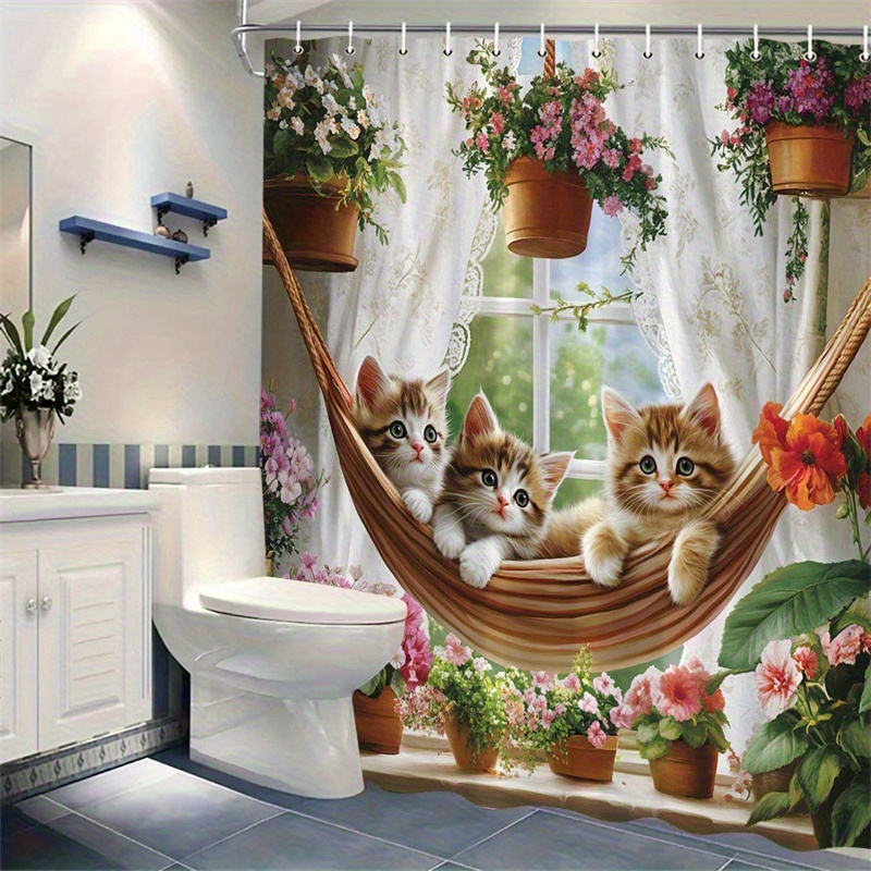 TEMU 1pc Cat On A Hammock Printed Shower Curtain, Shower Curtain, Bathroom Decor And Accessories, Home Decor, Printed Curtain, Bathroom Partition