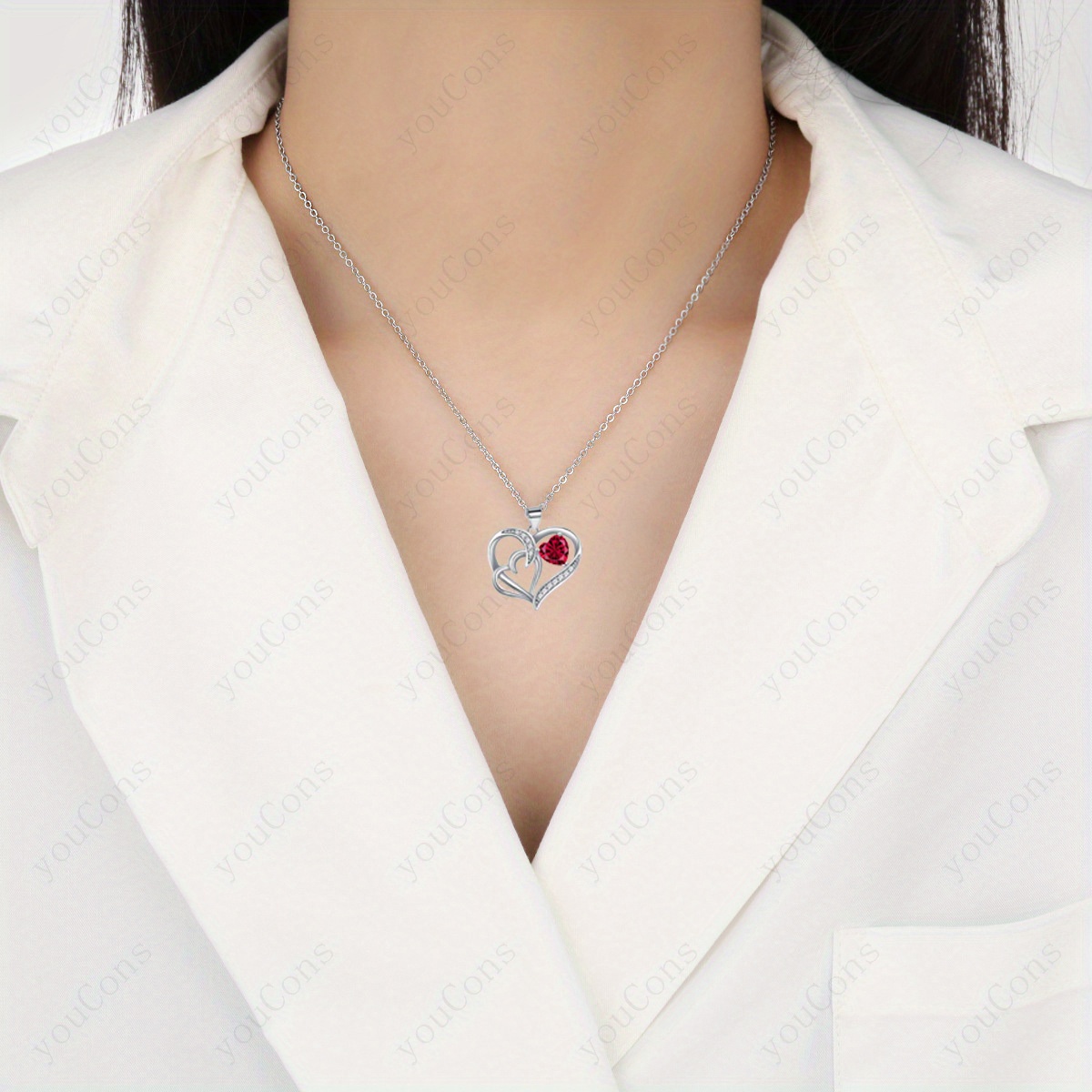 Red Synthetic Zirconia Double Heart Pendant Necklace Gift Set