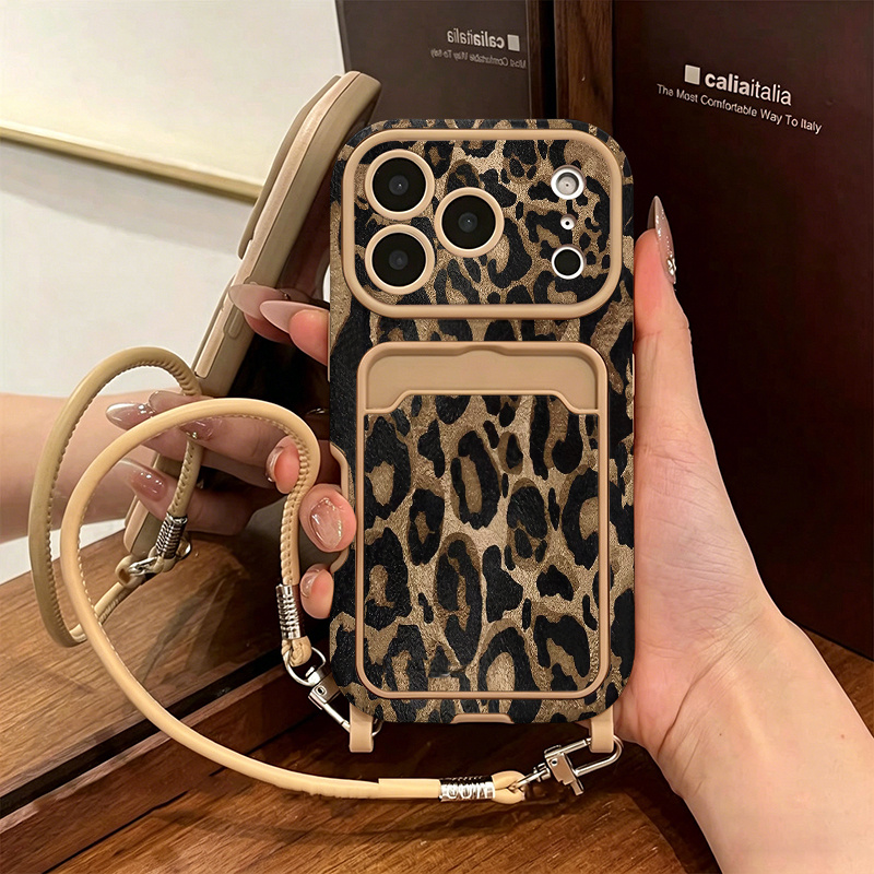 TEMU Phone Case: 1 Drop-proof,, Shockproof, Anti-fingerprint Card Holder Phone Case With Lanyard Strap, Vintage Leopard Print Card Holder Lanyard For
