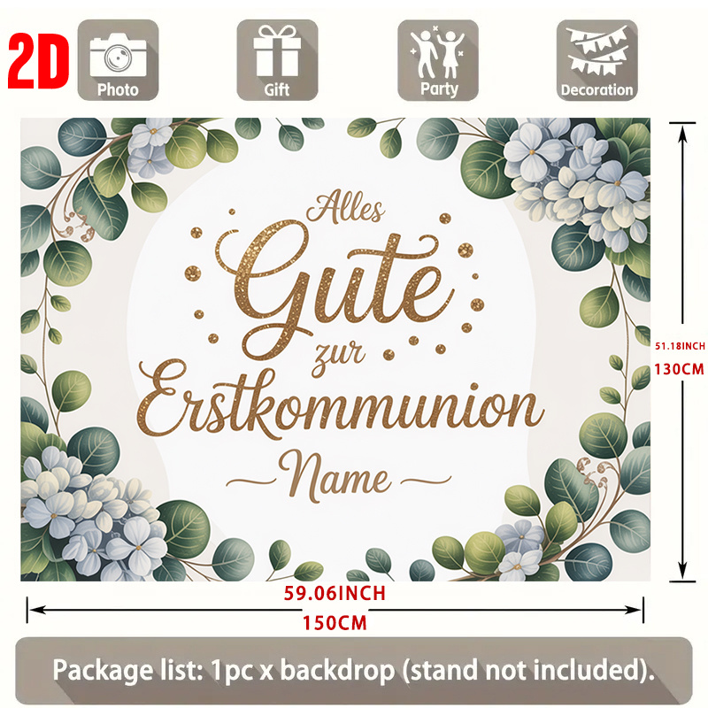 TEMU 2d Flat, 2d Flat Banner, 1pc Name Text Personalized Customization, German Communion Card Decorated With Flowers And Text, Birthday Party