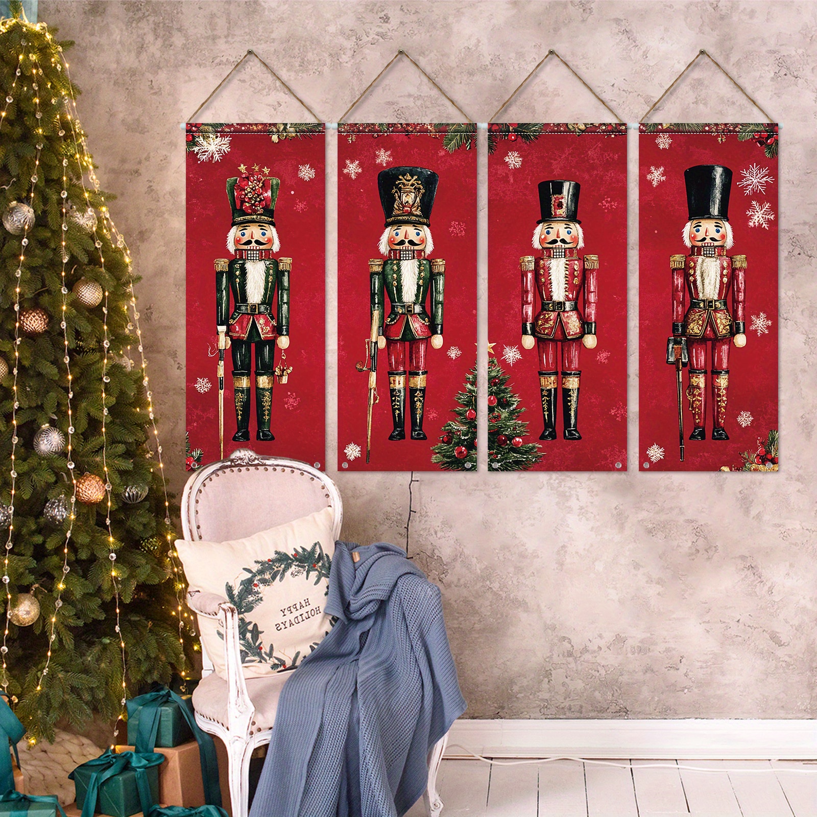 

4pcs Nutcracker Soldier Hanging Banners, Vintage Style Fabric Poster Flags, Christmas & New Year Decorations, Universal Holiday Ornaments, With No Electricity Or Battery Needed For