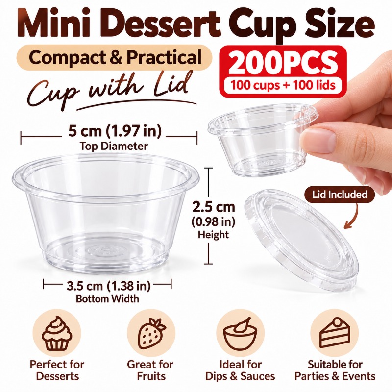 TEMU 200pcs (100 Cups And 100 Lids) Clear Plastic Mini Dessert Cups With Lids, Small Jelly And Sauce Containers For Pudding, Yogurt, Ice Cream,