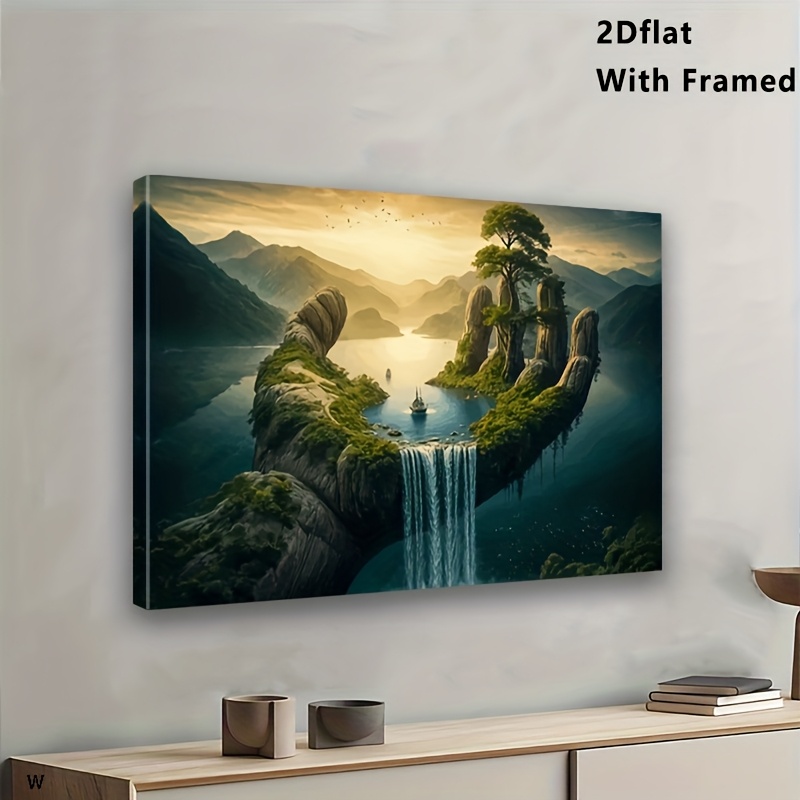 TEMU 2d Flat, 2d Flat, Framed, 1pc Wooden Framed Canvas Painting, Scenery, Island, Waterfall And Decor For Living Room, Bedroom, Office And Dining