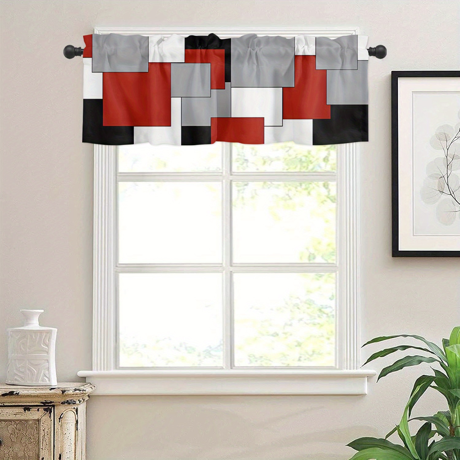 

1pc Vintage-inspired Red, White & Gray Light Filtering Valance - 54"x18" Polyester Rod Pocket Window Curtain For Kitchen & Living Room Decor, Machine Washable, Kitchen Curtains