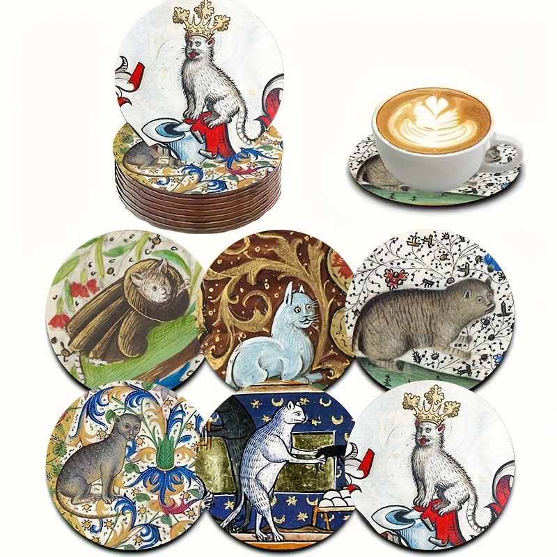 TEMU A Set Of 6 Medieval Cat Wooden Coasters, Heat-resistant, Suitable For Coffee, Tea, Etc. Perfect For Decorating Kitchens, Cars, Homes, And