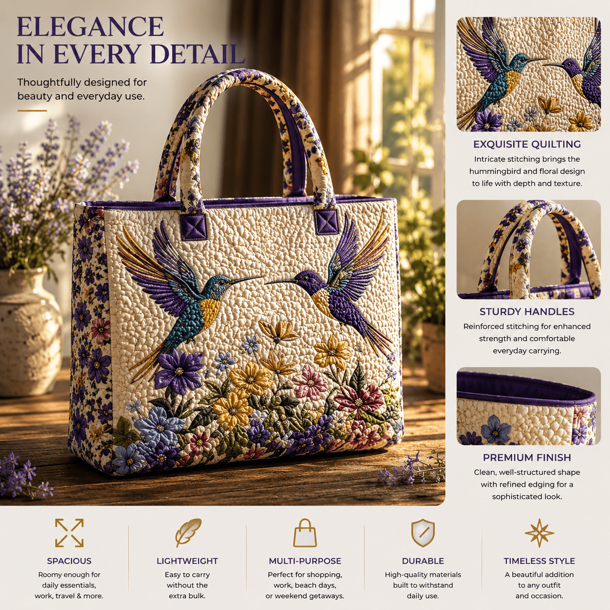 Image of 17*15inchquilted Printed Floral Hummingbird Tote Handbag, Portable Bag For Daily Shopping Travel Outdoor