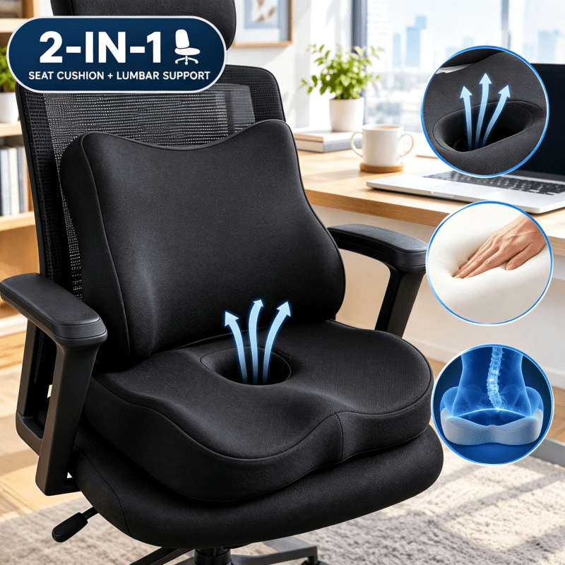 TEMU 2-in-1 Memory Foam Seat Cushion & Lumbar Support Pillow Set, Ergonomic Hollow Seat Pad With Non-slip Base, For Long-time Sitting, Back Support