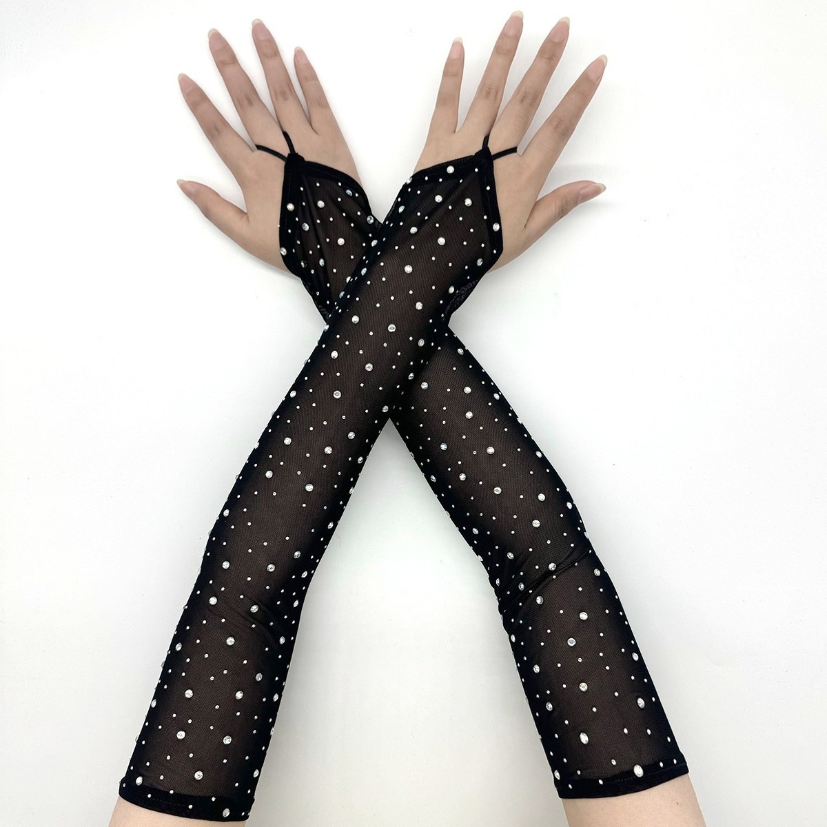 TEMU 1 Pair Shiny Rhinestone Mesh Gloves Hook Middle Finger Elasticity Sunscreen Arm Sleeves Breathable Fingerless Gloves Women