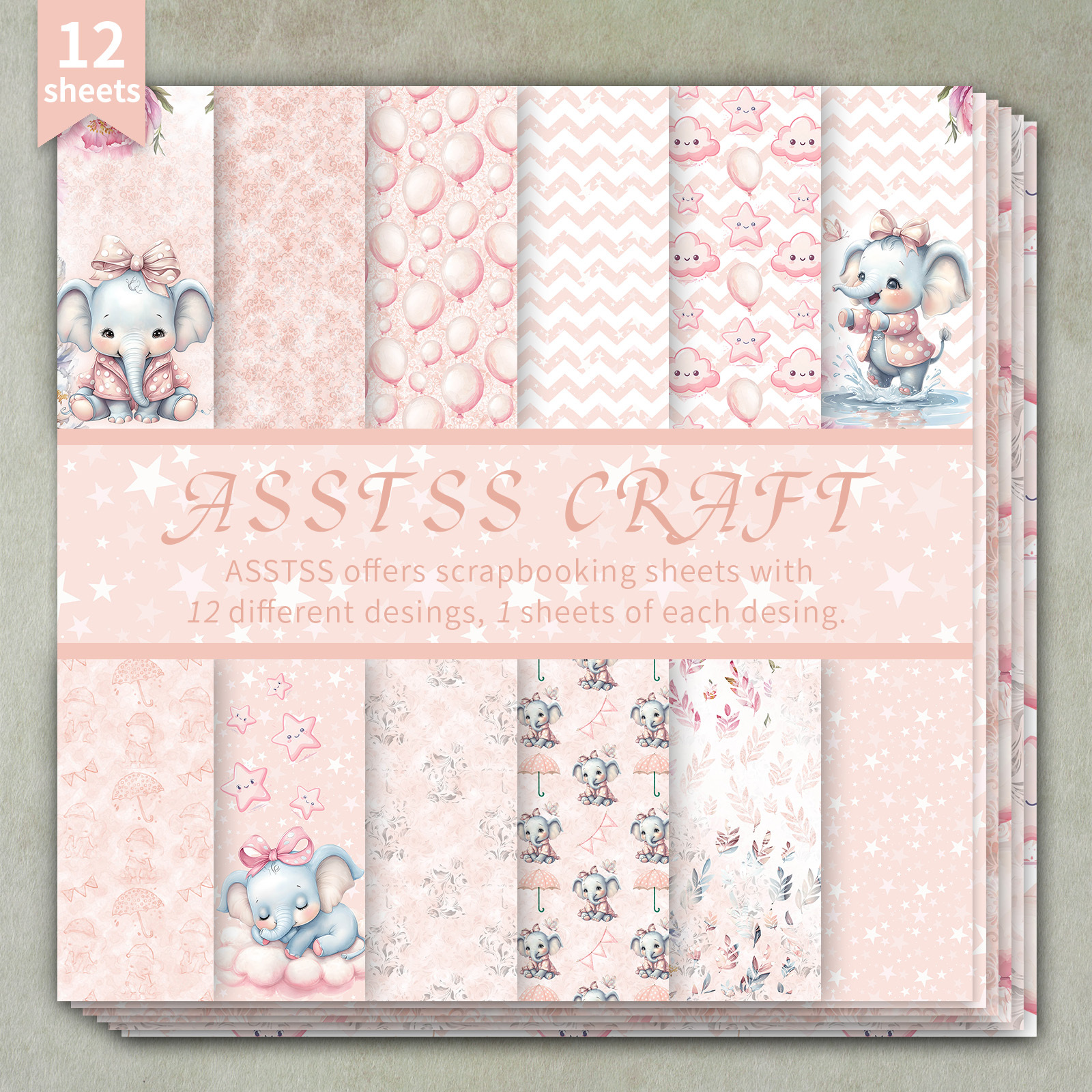 TEMU 12-sheet Asstss 6 *6 Inch Scrapbooking Paper Pad, Pink- Cute Baby Elephant Whimsical Baby Backing Paper Supplies, Heavyweight Cardstock For