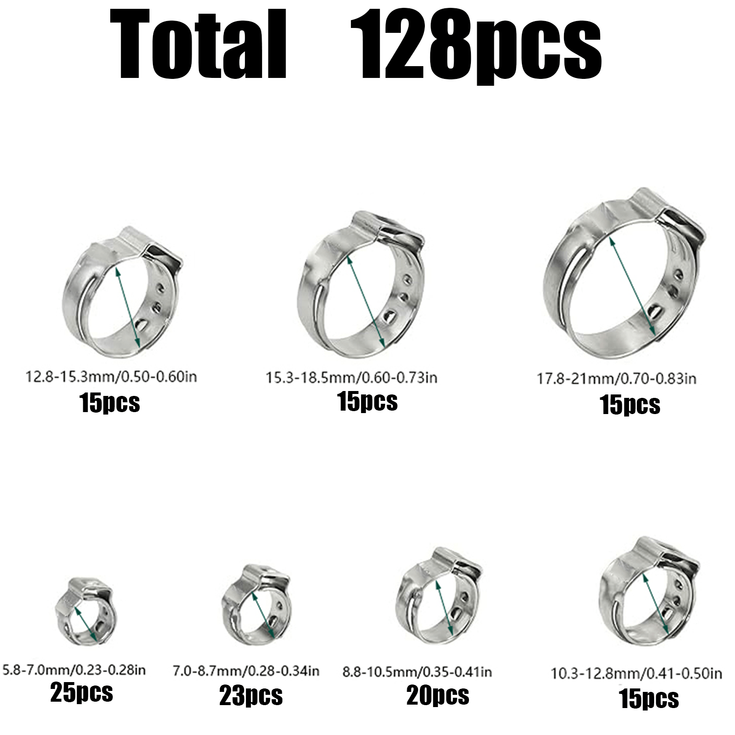 E-shop 128-teiliges -Set aus Edelstahl mit einem Ohr, sieben Größen 5,8-21 mm/0,23-0,83 Zoll, zum Verbinden von Schläuchen in