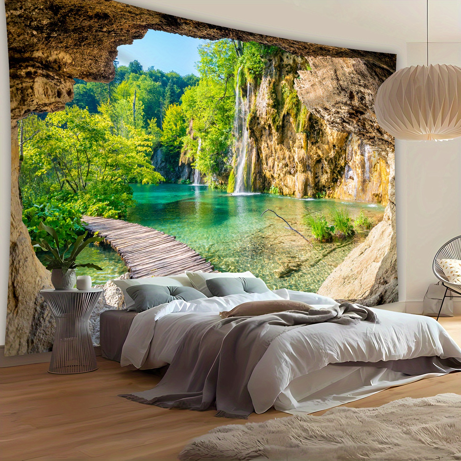 Arazzo da parete grande con paesaggio foresta e lago tranquillo_voghion.com