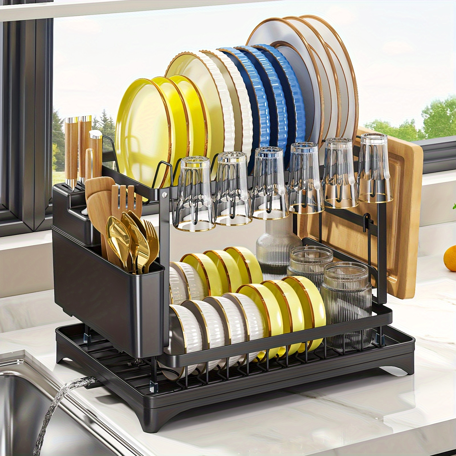 2025 Upgraded Double-layer Carbon Steel Dish Rack, Kitchen Countertop Storage Box, With , Cup Holder And Cutlery Slot, Rust-proof Design, Very Suitable For 4-person Families